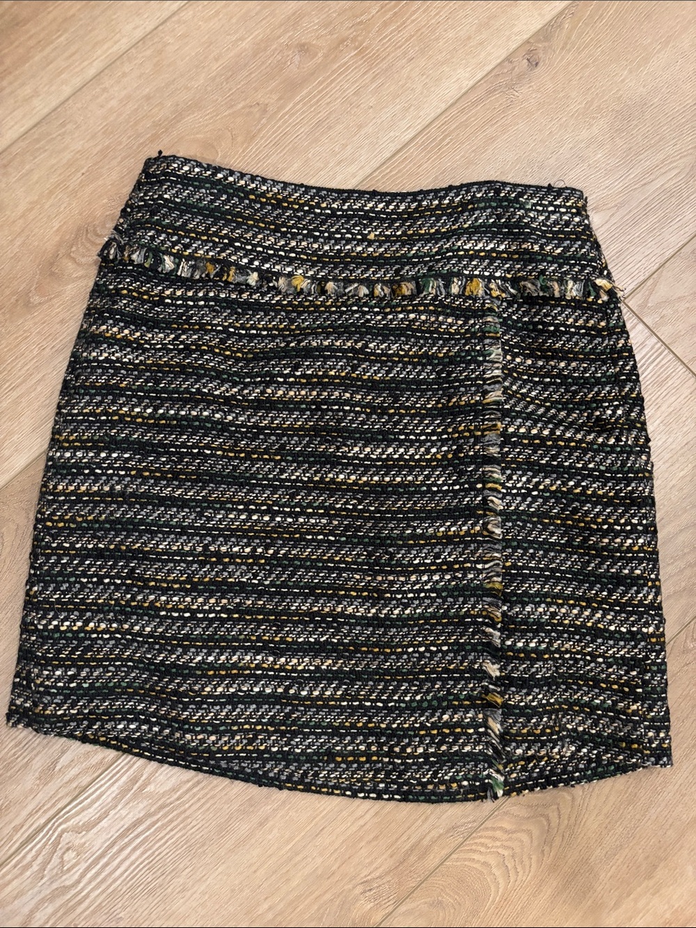 LOFT Black Tweed Mini Skirt with Gold & Green Threading